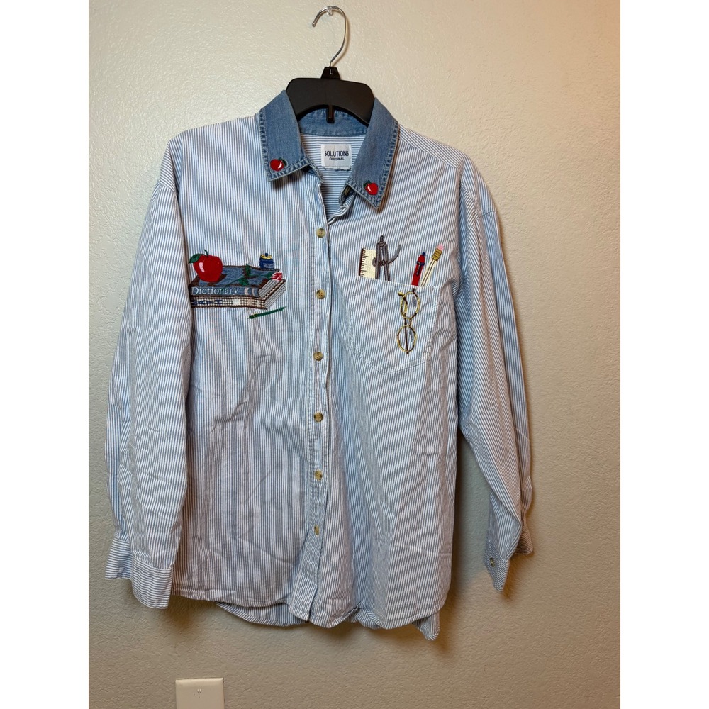 Vintage Solutions Original Teacher Shirt Blue Pinstripe Denim Collar Large